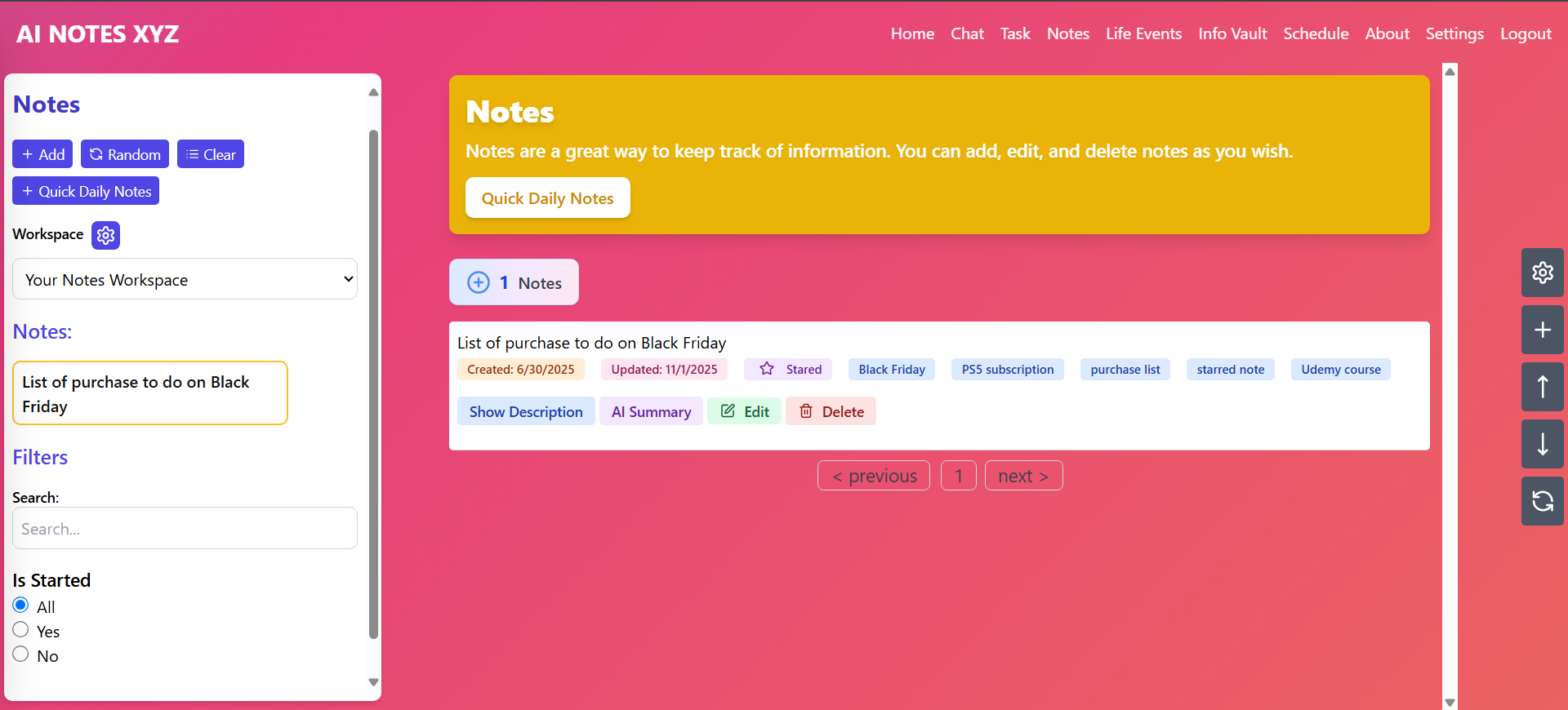 Notes List Interface