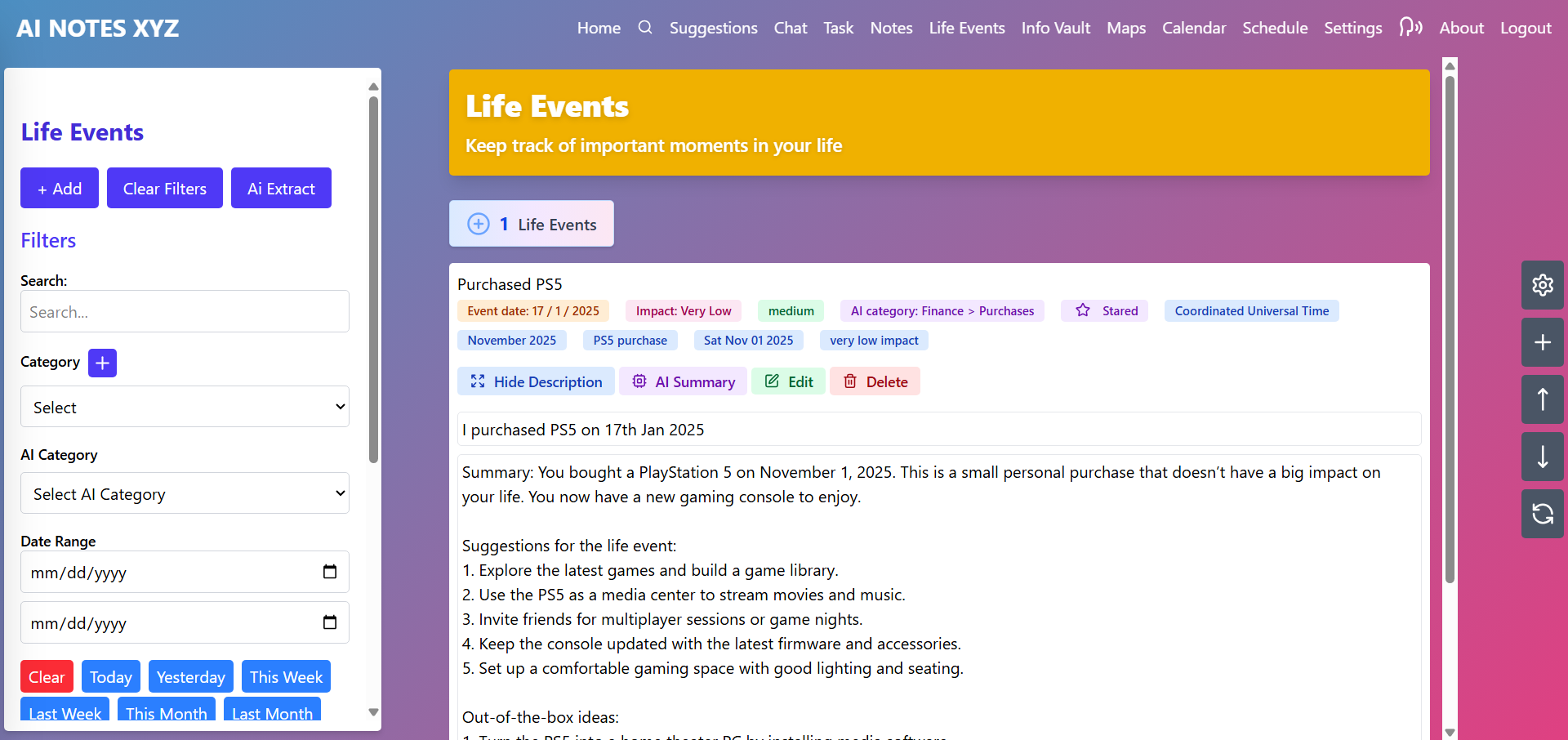 Life Events list